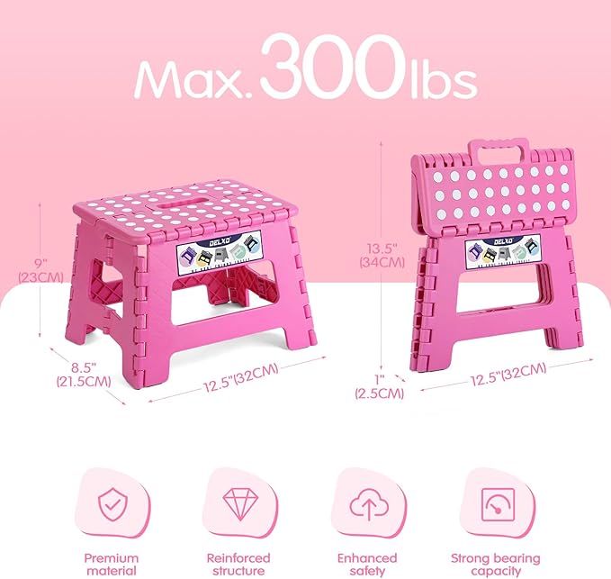 Delxo 9” Folding Step Stool in Pink,1 Pack Premium Heavy Duty Foldable Stool for Kids,Portable Collapsible Plastic Step Stool,Non Slip Folding Stools for Kitchen Bathroom Bedroom