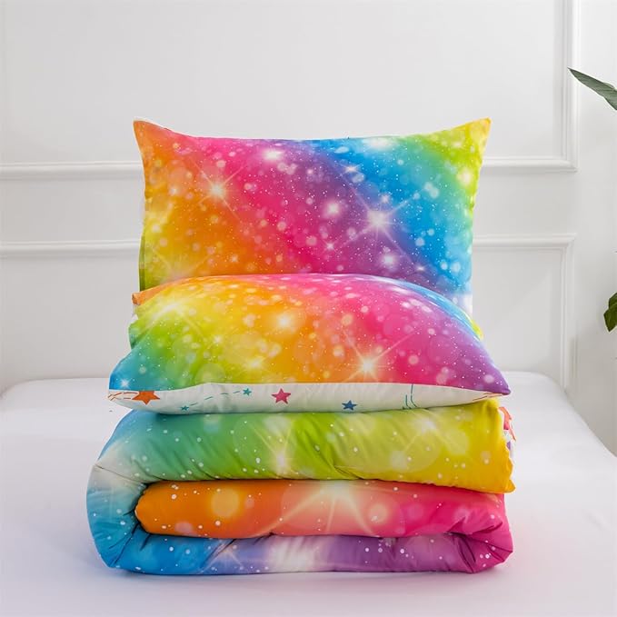 Holawakaka Girls Ombre Glitter Comforter Set, Twin Size Gradient Rainbow Galaxy Print Kids Bedding Sets, Multi-Color Ultra-Soft Dorm Bed Set (Multi-color,Twin)