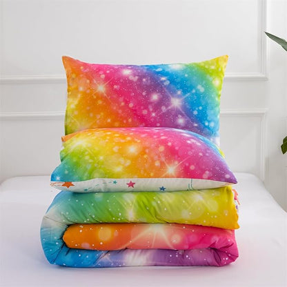 Holawakaka Girls Ombre Glitter Comforter Set, Twin Size Gradient Rainbow Galaxy Print Kids Bedding Sets, Multi-Color Ultra-Soft Dorm Bed Set (Multi-color,Twin)