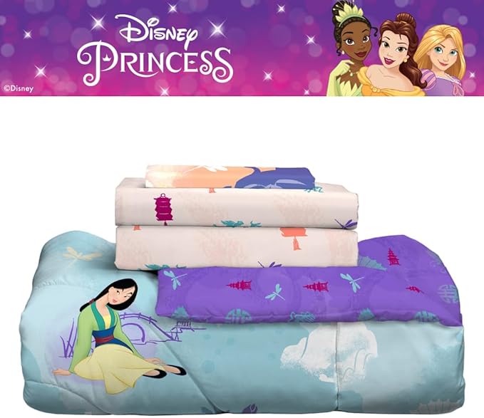 Franco Disney Princess Mulan Kids Bedding Super Soft Microfiber Comforter and Sheet Set, 4 Piece Twin Size, (Official Licensed Product)