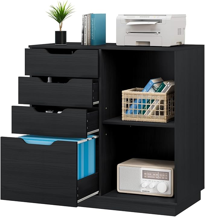 4 Drawers Lateral File Cabinet, Wood Filing Cabinet, Printer Stand with Open Storage Shelves for Home Office, 6 Compartments, Black