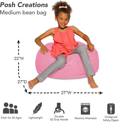 Posh Creations Bean Bag Chair for Kids, Teens, and Adults Includes Removable and Machine Washable Cover, Solid Pink, 27in - Medium