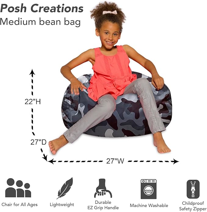 Posh Creations Bean Bag Chair for Kids, Teens, and Adults Includes Removable and Machine Washable Cover, Soft Nylon - Camo Dark and Black Gray, 27in - Medium