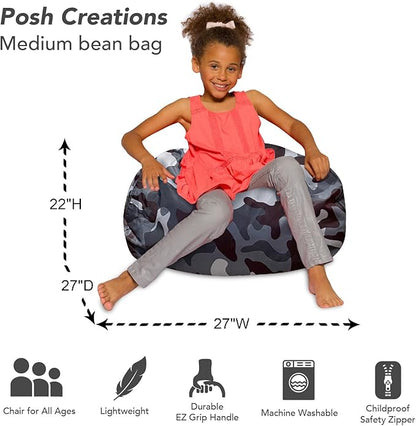 Posh Creations Bean Bag Chair for Kids, Teens, and Adults Includes Removable and Machine Washable Cover, Soft Nylon - Camo Dark and Black Gray, 27in - Medium