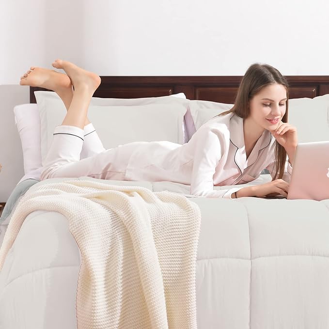 Basic Beyond Queen Comforter Set - Fluffy Comforter Queen Set for All Seasons - Reversible White Queen Comforter Set for Mens - 3 Pieces (1 Comforter + 2 Pillow Shams) - White/Grey