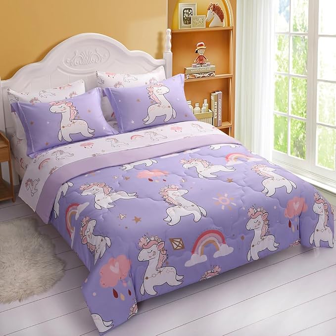 Wajade Kids Purple Unicorn Comforter Set Bed in A Bag Full Size 7 Piece Cute Unicorn Rainbow Clouds Bedding Set for Girls (1 Comforter, 1 Flat Sheet, 1 Fitted Sheet, 2 Pillowcase and 2 Pillow Sham)