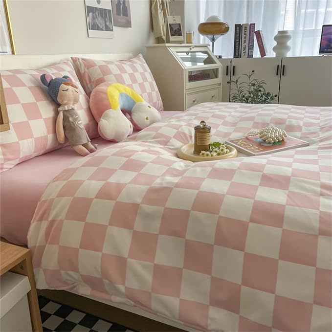 Wellboo Pink White Plaid Comforter Sets King Women Men Bean Pink and White Checkerboard Grid Bedding Comforters Cotton Boys Girls Modern Dusty Pink Checkered Geometric Quilts Luxury Abstract Bed