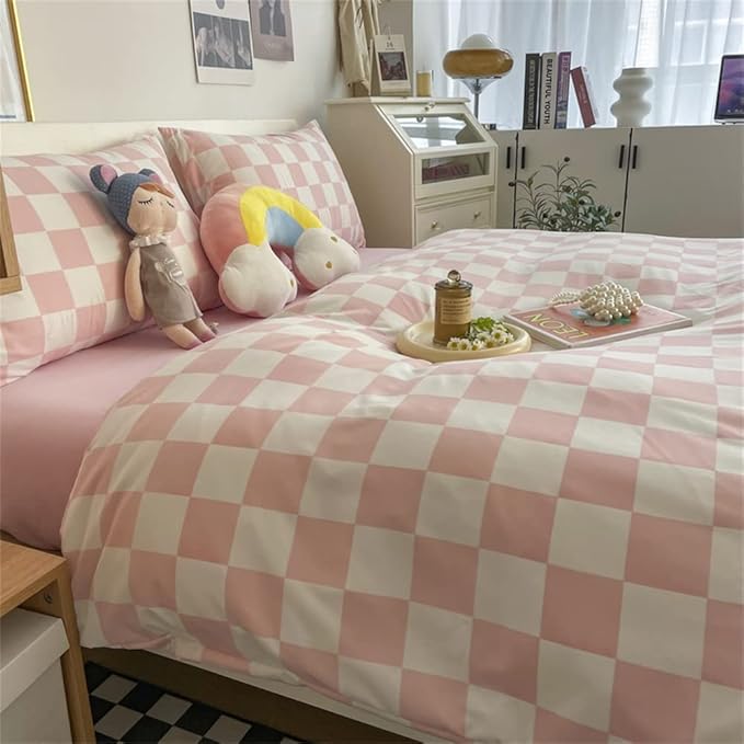 Wellboo Pink White Plaid Comforter Sets California King Women Men Bean Pink and White Checkerboard Grid Bedding Comforters Cal King Cotton Boys Girls Modern Dusty Pink Checkered Geometric Quilts