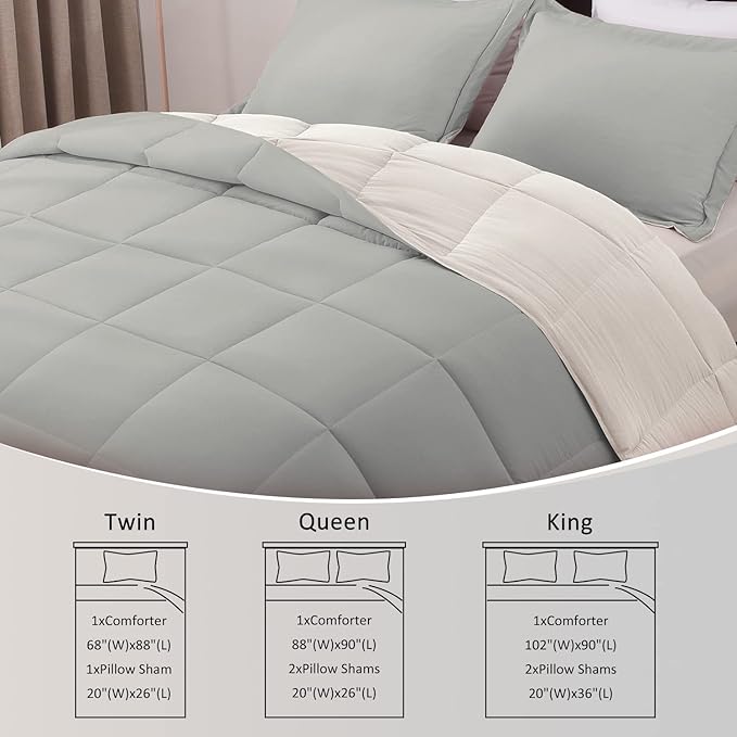 Basic Beyond Queen Comforter Set - Fluffy Comforter Queen Set for All Seasons - Reversible White Queen Comforter Set for Mens - 3 Pieces (1 Comforter + 2 Pillow Shams) - White/Grey