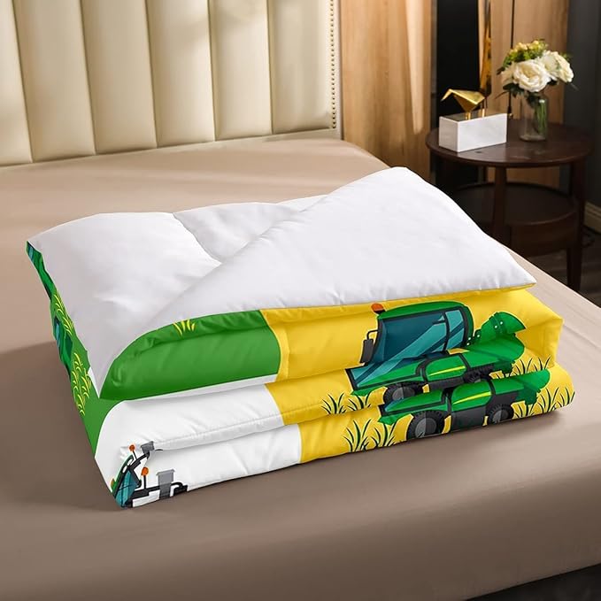 Boys Cartoon Truck Car Down Comforter King Size Kids Construction Vehicles Tractor Comforter Set for Kids Children Farm Excavator Bedding Set Construction Site Cars Duvet Set, Green Yellow