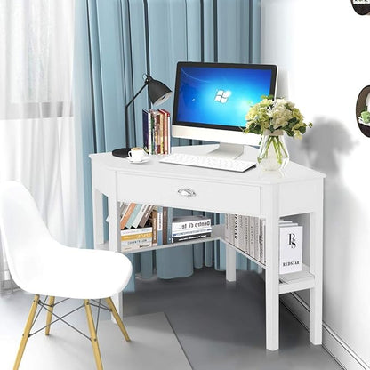 Nightcore Small, Wood Computer Desk, Compact Writing w/Drawer & Storage Shelves, Space Saving Study Workstation, Laptop PC Corner Table, White