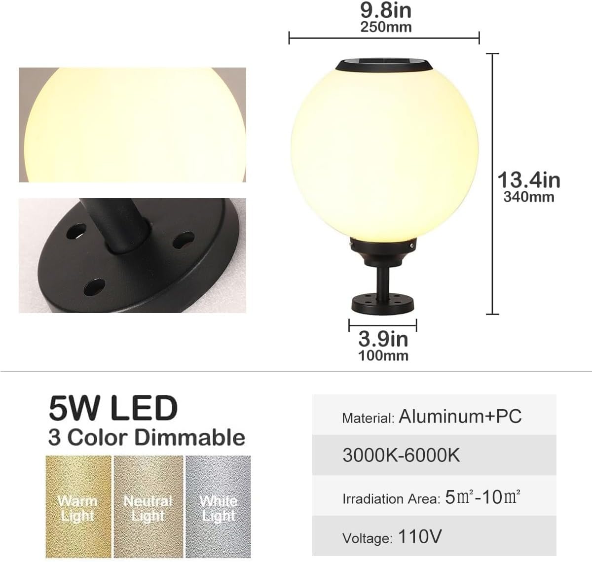 Solar Outdoor Column Lights - Aluminum Fence Pedestal Post Lamp Outdoor Vintage LED Globe Pillar Lights, IP65 Waterproof External Landscape Street Lighting Fixtures
