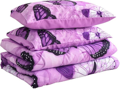 Btargot 3 Piece Purple Butterfly Girls Kids Adults Queen Size Comforter Set, Lightweight Soft All Season Bedding Set with 2 Pillowcases