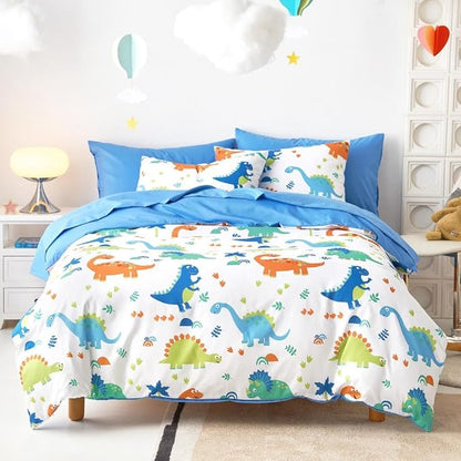 Wake In Cloud - Dinosaur Bedding Set for Boys, Cute Colorful Dinosaur Comforter Set with Sheets, 5 Pieces Kids Bed in a Bag, White Blue, Twin Size