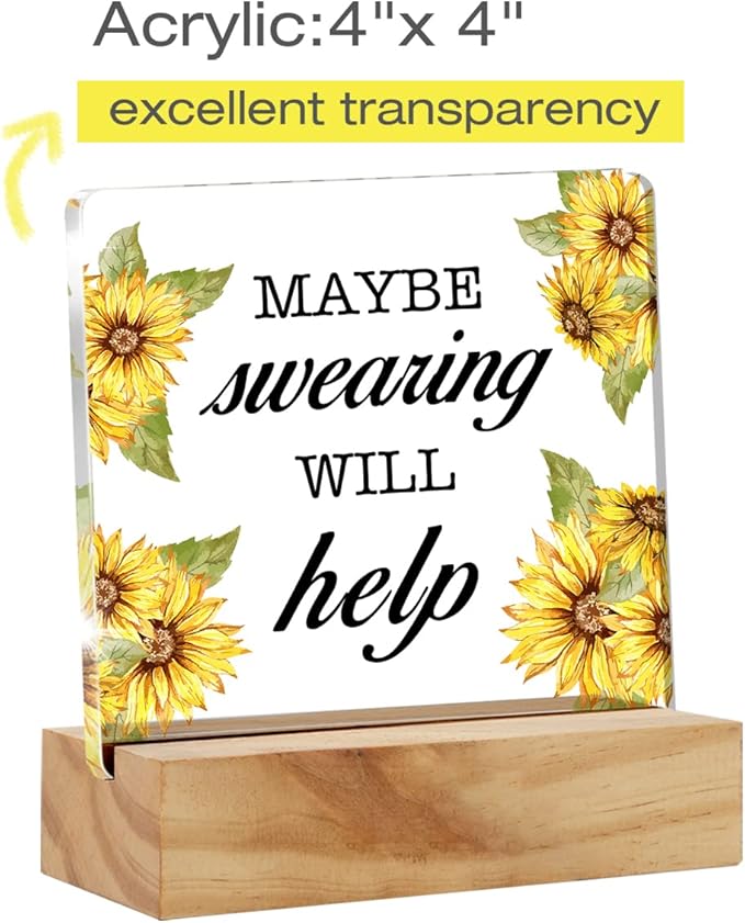 Maybe Swearing Will Help Quote Desk Decor Acrylic Desk Sign Humorous Acrylic Plaque Home Office Desk Shelf Decoration 4.7"x4.7"