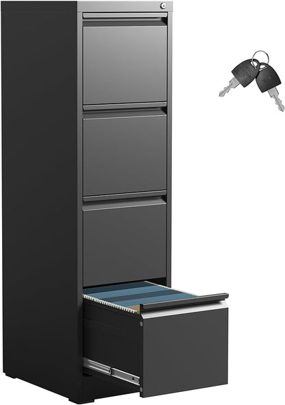 4 Drawer File Cabinet,Metal Filing Cabinets with Lock,Black Vertical File Cabinet for Home Office,Heavy Duty Metal Storage Cabinet for A4/Letter/Legal Size File,Assembly Required