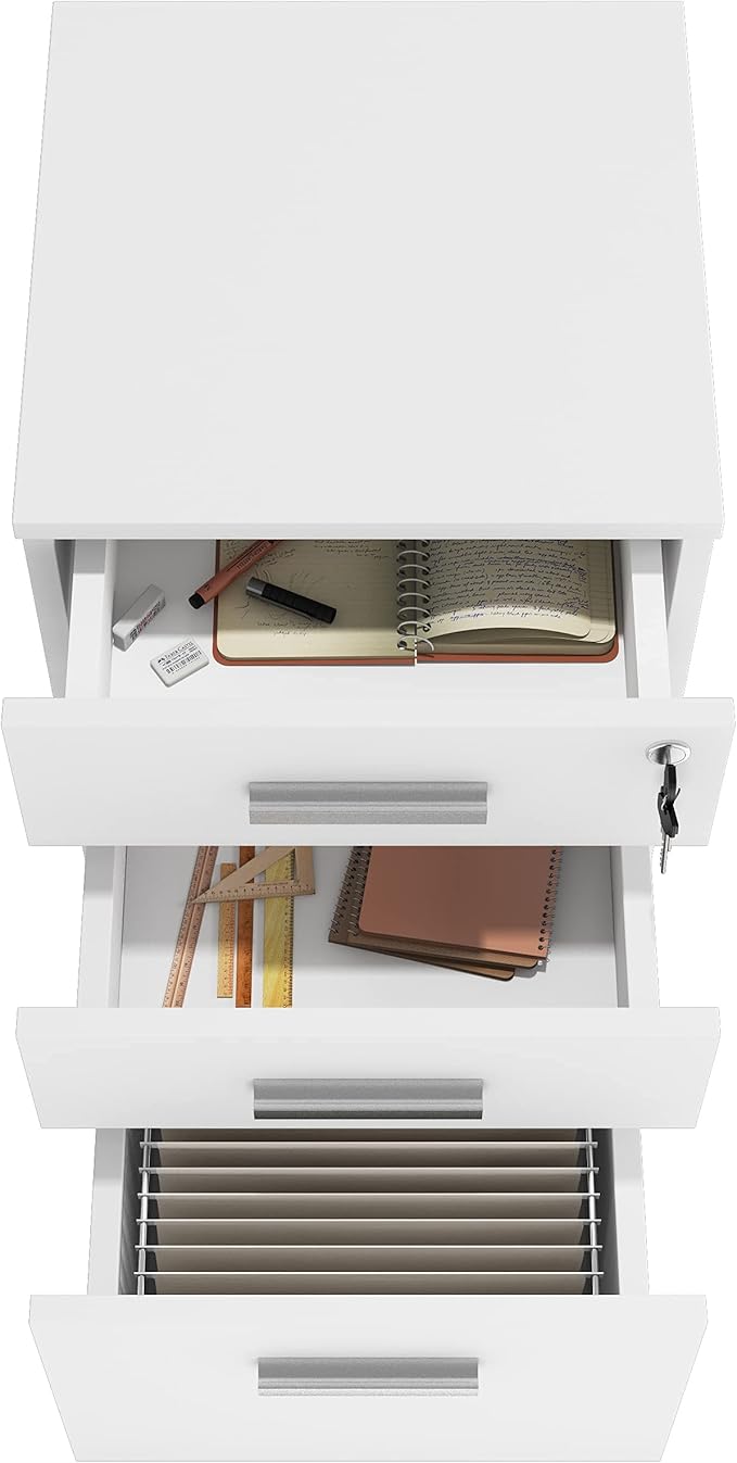 Lazio 26 Inch File Cabinet with Lock - Filing Cabinet for Home and Office - 3 Drawer File Cabinet with Wheels for A4 Sized Letters/Documents, Legal Sized Documents, Hanging File Folders - White/White