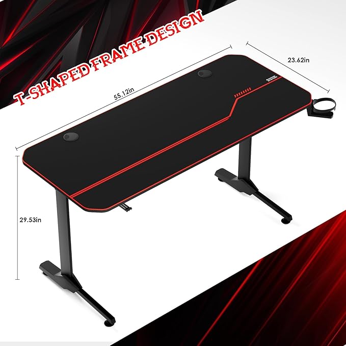 55'' Gaming Desk, Multi-Use Home Office T-Shaped Computer Workstation, Carbon Fiber Surface PC Study Table, Full Cover Mousepad, Drink Holder, Wire Holes, Headphone Hook, Cable Tray, Red