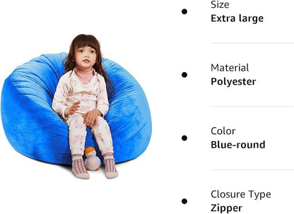 Bean Bag Chair Cover, Stuffed Animal Storage, Plush Toys Organizer Holder, Beanbag Chairs Cover for Kids Teans and Adults Super Soft and Comfortable Fabric X-Large with Handle and Zipper -Round Blue