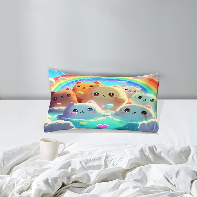 Cat Comforter Set - Cartoon Cat Twin Bedding Set for Girls Cute Cat Rainbow Printed Kids Bedding Set for Girls Kids Teens All Season Kawaii Cat Twin Quilt Set, 1 Comforter+1 Pillowcase