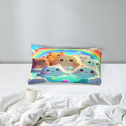 Cat Comforter Set - Cartoon Cat Twin Bedding Set for Girls Cute Cat Rainbow Printed Kids Bedding Set for Girls Kids Teens All Season Kawaii Cat Twin Quilt Set, 1 Comforter+1 Pillowcase