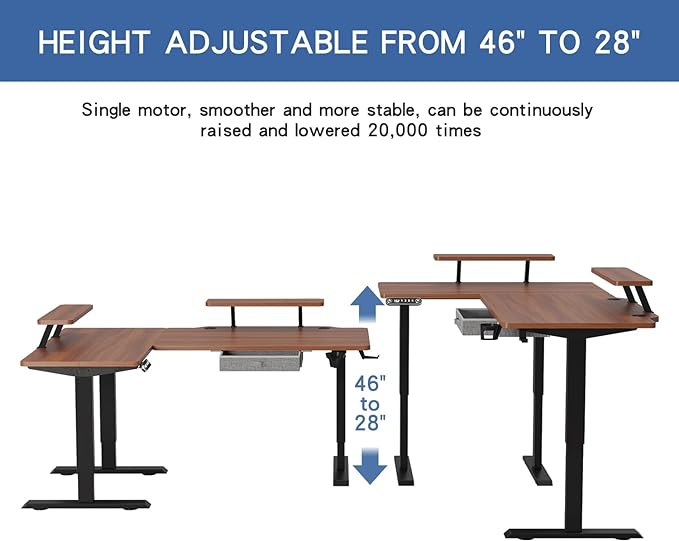 62x47 Inches L Shaped Electric Standing Desk with Drawer, Adjustable Height Sit Stand Up Desk with Storage Shelf, Dark Walnut Top/Black Frame