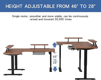 62x47 Inches L Shaped Electric Standing Desk with Drawer, Adjustable Height Sit Stand Up Desk with Storage Shelf, Dark Walnut Top/Black Frame