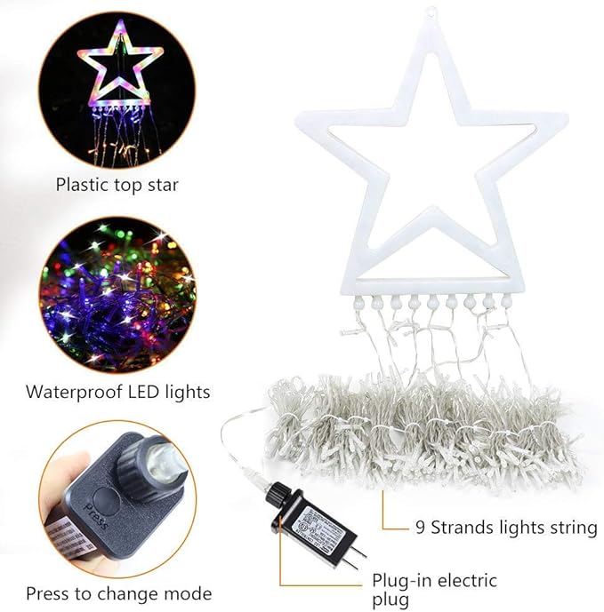 PUHONG Christmas Decoration Outdoor Star String Lights,16.4Ft Christmas Tree Toppers Lights 320 LED 8 Memory Modes with 14" Lighted Star for Halloween Christmas New Year Holiday Birthday