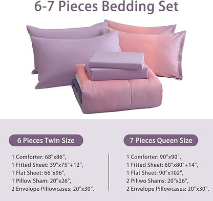 Dinjoy Girls Comforter Set Full Size Colorful Rainbow Ombre Pink Purple Light Blue Bedding Set Gradient 7 Pieces Bed in A Bag for Kids Teen Women(1 Comforter, 1 Flat Sheet, 1 Fitted Sheet)