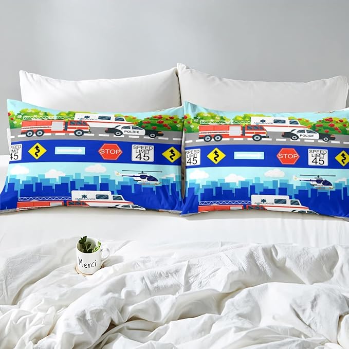 Kids Fire Trucks Car Comforter Set Queen Size Cartoon Police Car Down Comforter Airplane Rescue Vehicles Beding Set Boys Girls Car Room Decor Soft Lightweight Duvet Set, Colorful Comforter