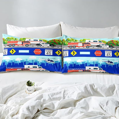 Erosebridal Kids Fire Trucks Car Comforter Set Full Size Cartoon Police Car Down Comforter Airplane Rescue Vehicles Beding Set Boys Girls Car Room Decor Soft Lightweight Duvet Set, Colorful Comforter