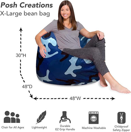 Posh Creations Bean Bag Chair for Kids, Teens, and Adults Includes Removable and Machine Washable Cover, Soft Nylon - Camo Blue and Light Blue, 48in - X-Large