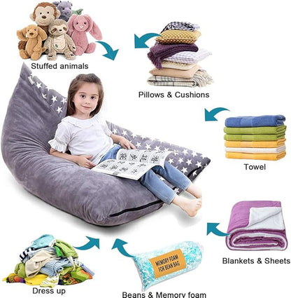 Stuffed Animal Storage Bean Bag Chair Cover, Plush Toys Organizer, Animals Doll Holder, Extra Large Lounger Designed with Handle and Zipper Super Soft for Kids and Teans -Stars Style