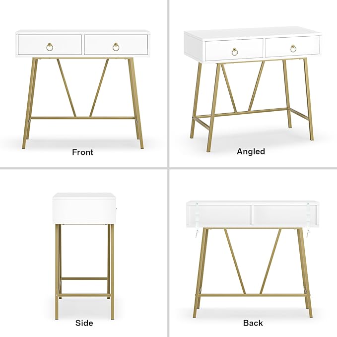 Anmytek Modern Home Office Desk, 35.4 Inch Makeup Vanity Table White Study Desk 2 Drawers Writing Desk Computer Desk with Golden Legs, D0002