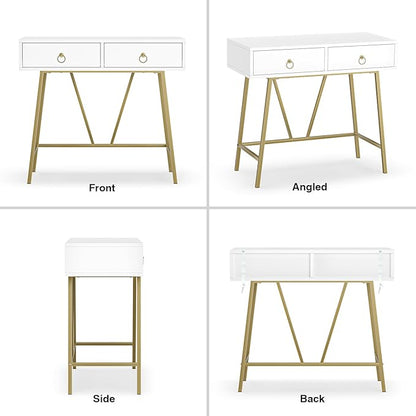 Anmytek Modern Home Office Desk, 35.4 Inch Makeup Vanity Table White Study Desk 2 Drawers Writing Desk Computer Desk with Golden Legs, D0002