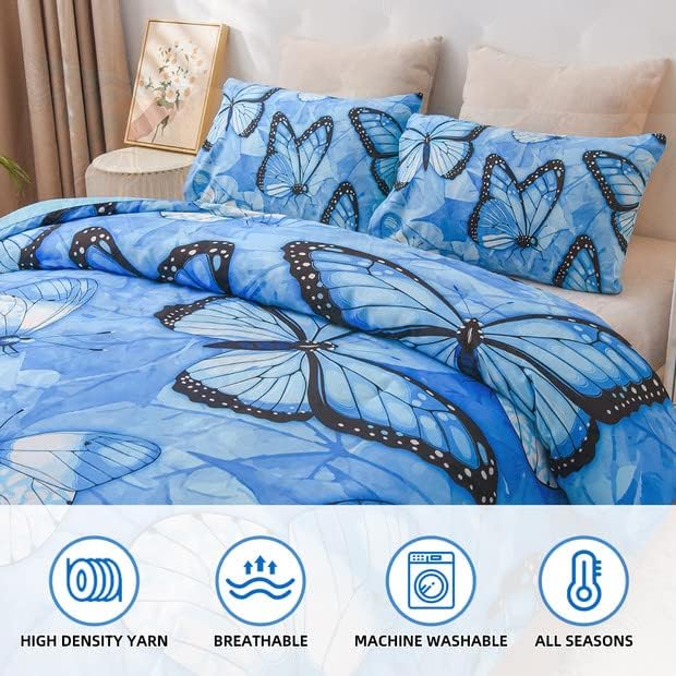 Btargot 3 Piece Blue Butterfly Girls Kids Adults Queen Size Comforter Set, Lightweight Soft All Season Bedding Set with 2 Pillowcases