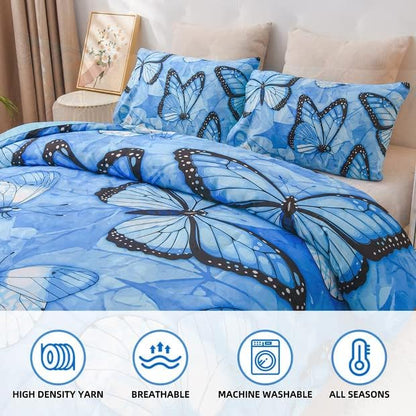 Btargot 3 Piece Blue Butterfly Girls Kids Adults Queen Size Comforter Set, Lightweight Soft All Season Bedding Set with 2 Pillowcases