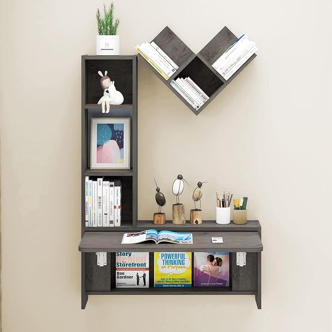 Folding Wall Mounted Drop Leaf Table, Foldable Desk with Moveable Cabinets, Floating Laptop with Convertible Storage Shelves, Multifunctional Computer Workstation in Home (Dark Grey)
