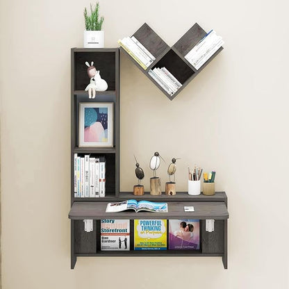 Folding Wall Mounted Drop Leaf Table, Foldable Desk with Moveable Cabinets, Floating Laptop with Convertible Storage Shelves, Multifunctional Computer Workstation in Home (Dark Grey)