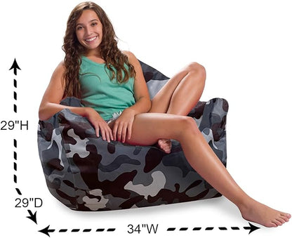 Posh Creations Structured Comfy Bean Bag Chair for Gaming, Reading and Watching TV, Malibu Lounge, Nylon - Camo Dark and Black Gray