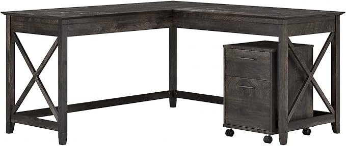 Bush Furniture Key West 60W L Shaped Desk with 2 Drawer Mobile File Cabinet in Dark Gray Hickory