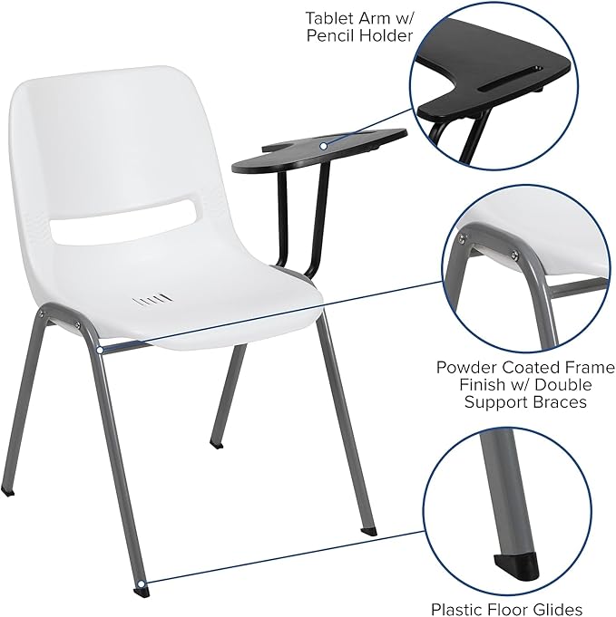 Flash Furniture White Ergonomic Shell Chair with Left Handed Flip-Up Tablet Arm