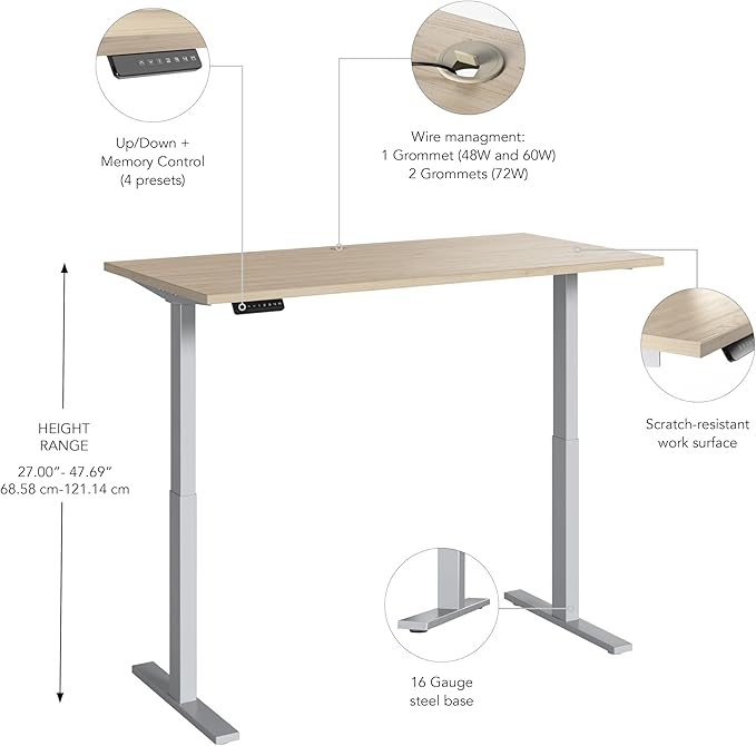 Bush Business Furniture Move 60 Series 60W x 30D Electric in Natural Elm with Silver Base, Ergonomic Sit-Stand Computer Table for Home and Professional Office