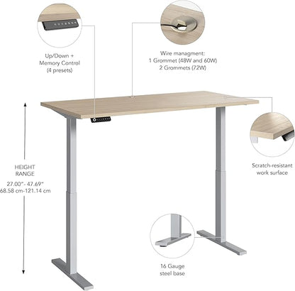 Bush Business Furniture Move 60 Series 60W x 30D Electric in Natural Elm with Silver Base, Ergonomic Sit-Stand Computer Table for Home and Professional Office