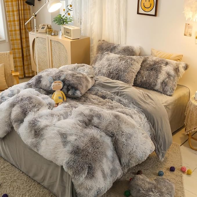 Faux Fur Kids Girls TD Black Comforter Sets Twin/Full - 3PC Bed Set Warm Comfortable Soft Plush Flannel Velvet Fluffy Fuzzy Bedding（Comforter x 1 Pillowcases x 2）