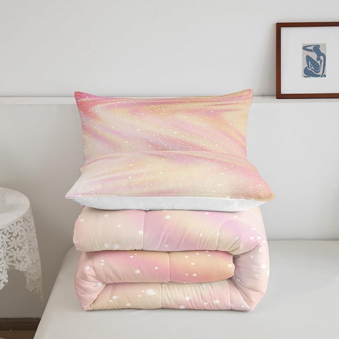 Glitter Galaxy Bedding Comforter Sets for Kids Teenagers, Pastel Galaxy Space Bedding Rainbow Tie Dye Comforter Set for Boys Girls, Starry Sky Gradient Down Comforter with 2 Pillowcases, Queen