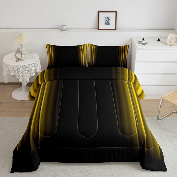 Geometric Abstract Ombre Bedding Bed Set Men Adults Teens Yellow Black Striped Comforter Set Kids Boys Girls Simple Modern Comforter Collection 3Pcs King Size Boys