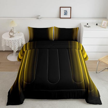 Geometric Abstract Ombre Bedding Bed Set Men Adults Teens Yellow Black Striped Comforter Set Kids Boys Girls Simple Modern Comforter Collection 3Pcs King Size Boys