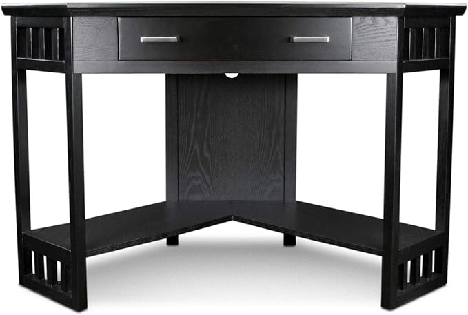Leick Home 83430 Corner Computer/Writing Desk with Center Keyboard Drawer and Shelf, Black Oak