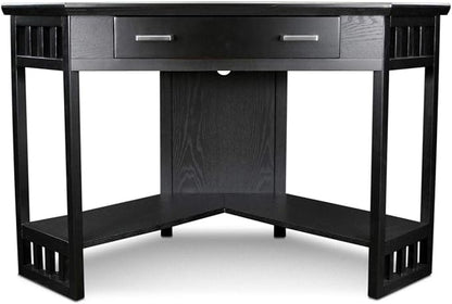 Leick Home 83430 Corner Computer/Writing Desk with Center Keyboard Drawer and Shelf, Black Oak